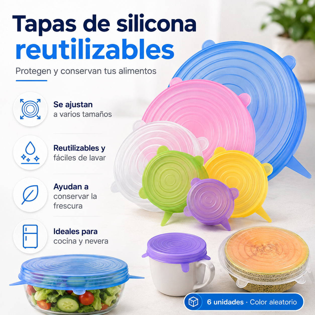 Tapas de Silicona Reutilizables x6 | Conserva tus Alimentos Frescos por Más Tiempo